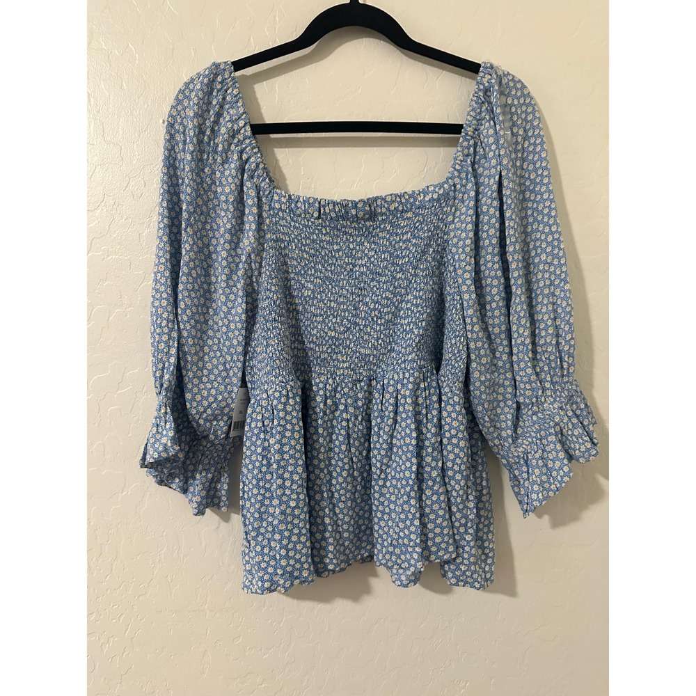 Dip Womens XL Blue Daisy Floral Smocked Peplum Top Cottagecore Coquette Milkmaid - Picture 5 of 13